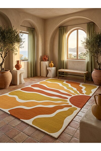 Rugs Modern Halı SDT Retro Güneş Doğuşu Desenli İskandinav Turuncu ve Hardal ...