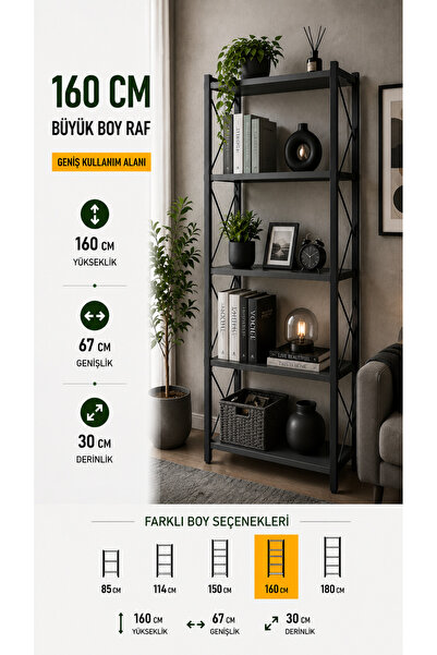 FURNICI Çok Amaçlı Metal 5 Raflı 67x160cm Antrasit Dekoratif Kitaplık Raf Üni...