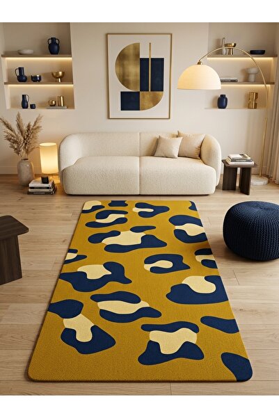 Rugs Modern Halı SDT Leopar Desenli Modern Hardal ve Lacivert Minimalist Doku...