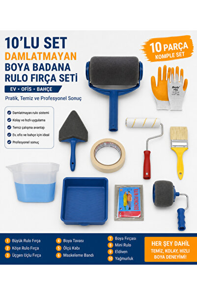 Roccos 10’lu Damlatmayan Boya Badana Rulo Fırça Seti Ev Ofis Bahçe İçin Profe...