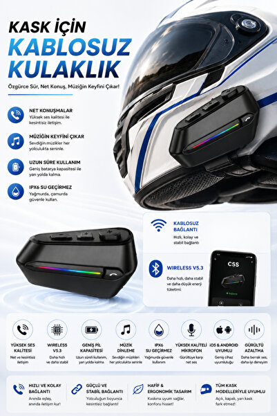 CROW'S TECH Motosiklet Kask Bluetooth Kulaklık V5.3 RGB Işıklı IPX6 Suya Daya...