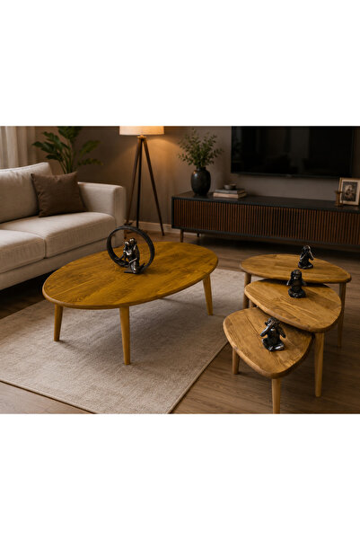Senka Wood Doğal Masif Ahşap Modern İskandinav asimetrik Orta Sehpa ve 3lü Zi...