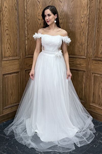 Lafaba Rochie de seară lungă din tul, albă, mulată, cu detalii transparente, ...