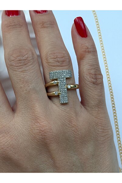 MOD10 Purple Line Jewelry Taşlı Gold T Harf Yüzük