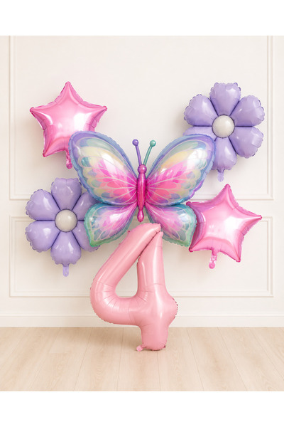 Balonsan Pink Lilac Themed Butterfly -4- Age Number Balloon Set