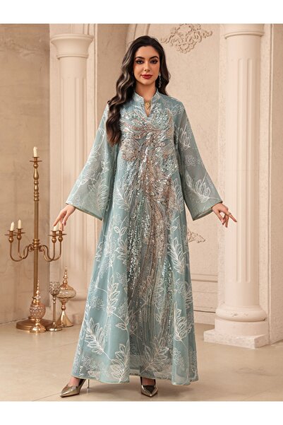 Noon Noora Fashionable Printed Sequined Appliqué Long Jalabiya Evening Dress