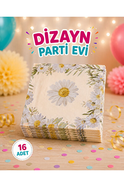 Dizayn Parti Evi Papatya Desenli Peçete 16 Adet Soft Krem Çiçek Temalı Parti ...