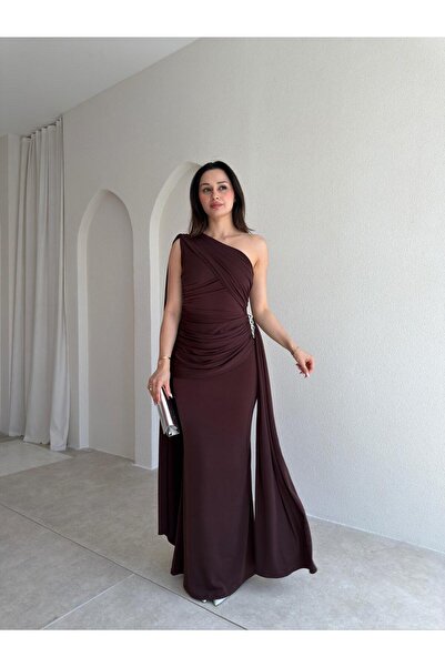 Mooi Butik Mari̇nel Maxi Dress 8936 - Bitter Brown