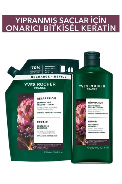 Yves Rocher Vegan Onarıcı Bitkisel Keratin Prebiyotik Şampuan Seti 300 ml + 6...