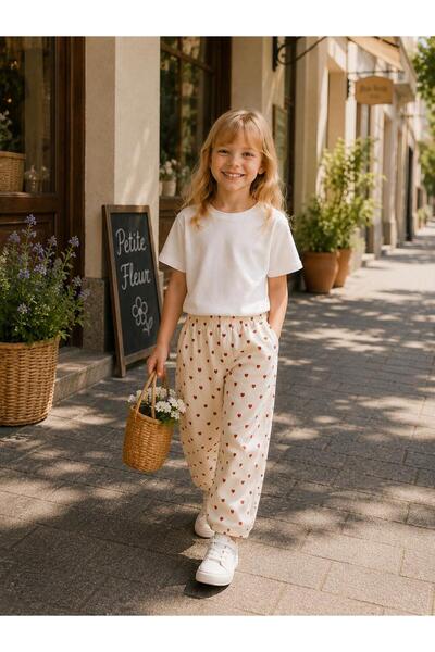 elzo collection Girl's Heart Patterned Loose Top and Bottom Set