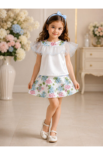 Minik mooda Girl's Floral Patterned Skirt Set with Tulle Sleeves, Stylish Com...