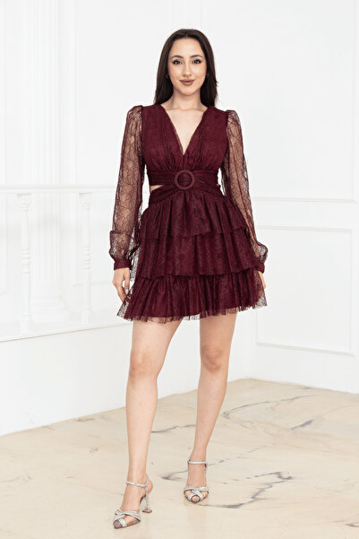 BEYBOS Layered Mini Lace Dress - Bordo