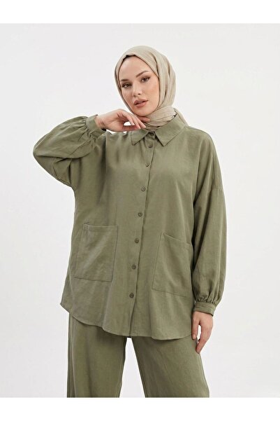 Lunsera Store بدلة بنطلون بتفاصيل جيوب وأكمام مزمومة - كاكي
