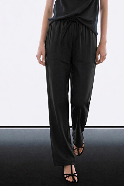 MATERIAL Pantaloni de damă elastici, casual, largi, din in negru