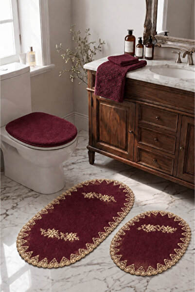Bonny Home Plum 3-Piece French Lace Luxury Bath Mat Set with Non-Slip Base, D...