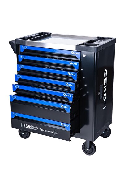 GEKO TOOL CABINET WITH 7 DRAWERS, EQUIPPED WITH 258 PARTS, 7 CARBON MODULES
