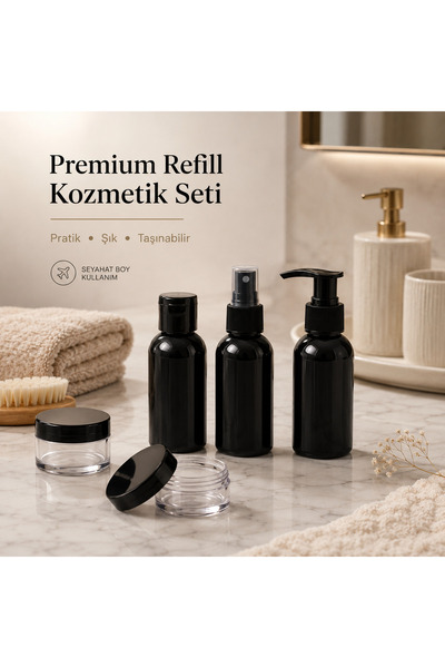 makrobay Seyahat Boy Kozmetik Şişe Seti 100 ML Siyah PET Şişe ve Kavanoz Seti