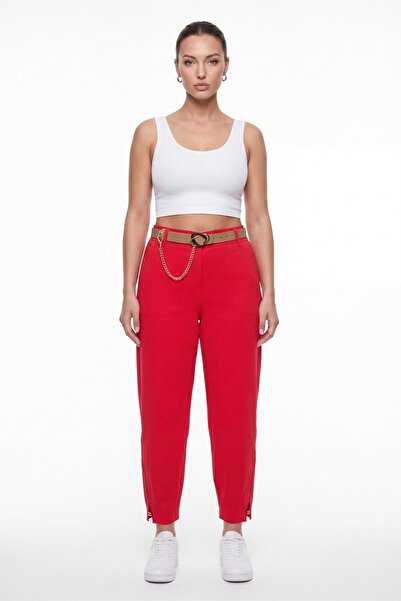 EXİTLİNE Women's Red Summer Slim Trousers with Belt and Accessory Detail at t...