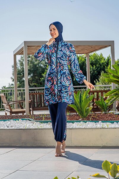 Ruko Maio Full Covered Hijab Swimsuit Navy Blue Zippered Long Sleeve C8T2N2O62-3