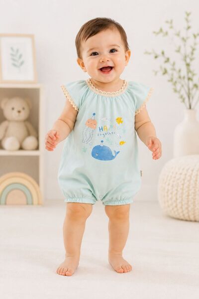 LUMİNO KİDS Kız Bebek Tulum Yazlık Fırfır Kollu Baskılı Şort Tulum 3-6 Ay / 6...