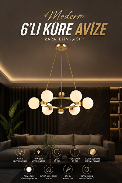 Elvora Home Modern (PREMİUM) Gold Detaylı 6+6 LED Opak Küreli Avize Salon Mut...