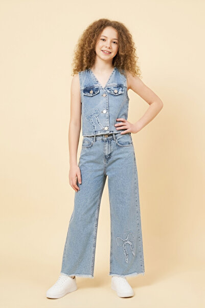 MODANINO Girl's Vest and Destroyed Pants 2-Piece Jean Set 7-12 Years 12671Sk
