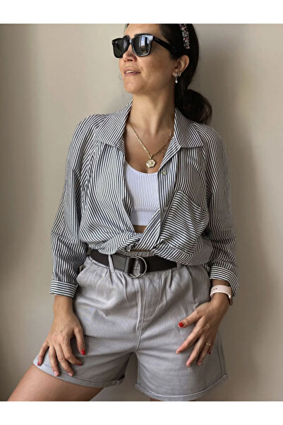 Burcu Özpıranga BİGU Gri Kemerli Şort (GÖRSELLERDE ÜRÜN BEDEN ÖLÇÜLERİ MEVCUT)
