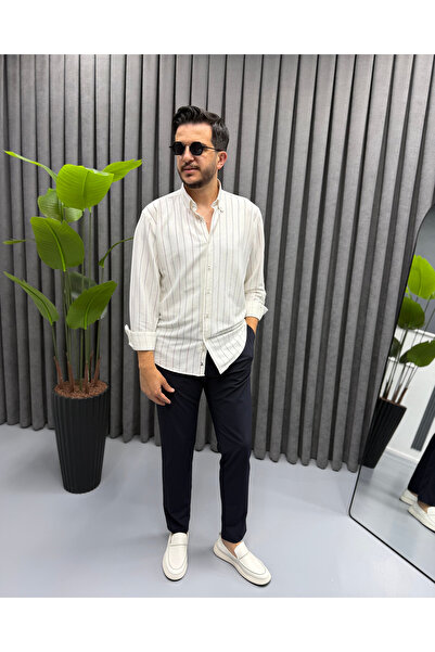 Avni Ceylan Men's Seersucker Fabric Slim Fit Embroidered Striped Shirt