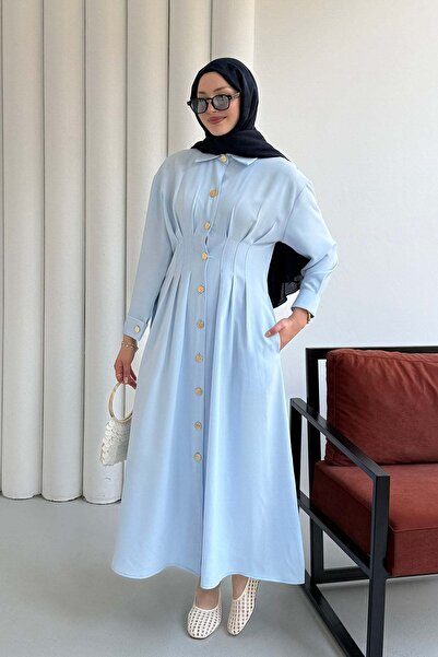 Modaensarbutik Bel Sason Detaylı Ön Düğmeli Tensel Tesettür Elbise-BEBE MAVİ