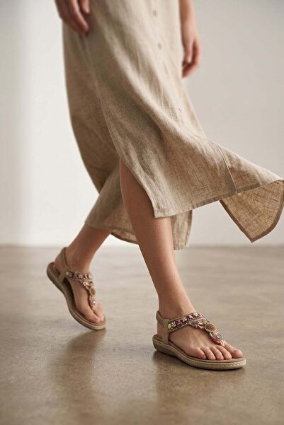 Ayakkabı Fuarı Elit Hml4119 Women's Stoned Flat Sandals Beige