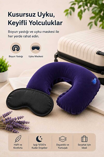 Kinlee Seyahat Boyun Yastığı ve Uyku Göz Bandı Seti Şişme Konforlu Boyun Desteği
