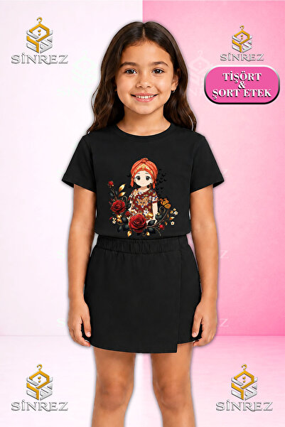SİNREZ Set pentru fete JYN ANIME GIRL Tricou cu mânecă scurtă imprimat Fustă ...