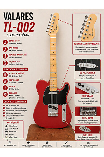 valares TL-Q02 Elektro Gitar Kırmızı Full Set – Profesyonel Sahne Performansı...