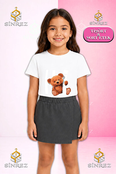 SİNREZ Girl's Set Hi Bear Printed Short Sleeve T-Shirt Shorts Skirt