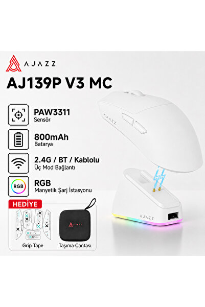 Ajazz Aj139P V3 MC Kablosuz Oyuncu Mouse-800 Mah Batarya RGB Şarj İstasyonu Ç...
