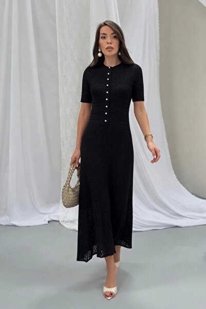 Lusin Women's Black Premium Pearl Button Detailed Glitter Lined Short Sleeve ...