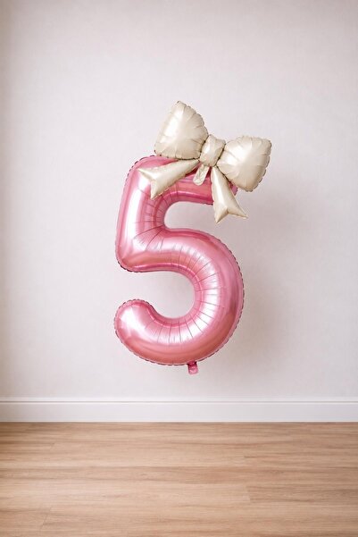 Patladı Gitti Cream Bow & Pink 5 Number Foil Balloon Set