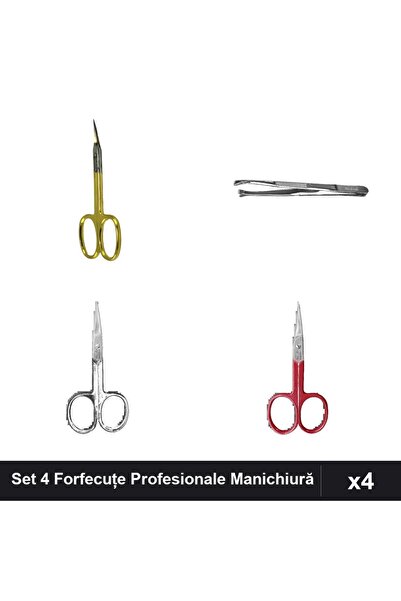 One Group Set 4 Forfecuțe și Pensetă Profesionale Manichiură, Negru Auriu Roșu