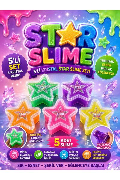 ümit toys Star Slime Kristal 5’li Set – Parlak Şeffaf Yumuşak Esnek Slime Oyu...