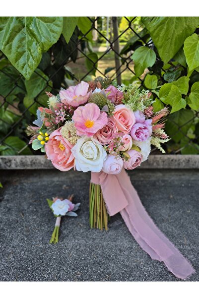 Buketlife Pembe krem soft renkli gelinbuketi gelinçiçeği ve yakaçiçeği