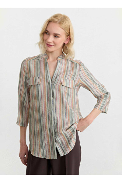 Selen Yeşil Kadın Çizgili Standart Fit Bluz 26YSL8471