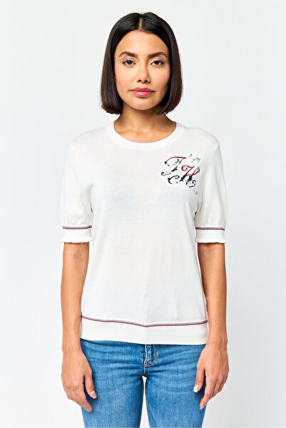Tommy Hilfiger Women Crew Neck Embroidered Short Sleeve Top, Ivory