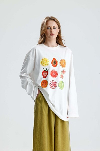 minaaise Kadın Ekru Oversize Baskılı Pamuk T-shirt 31145