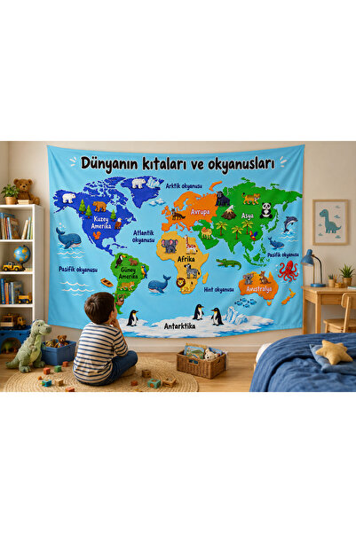 Vagonik Montessori Children's Room Educational World Map Wall Covering Qualit...