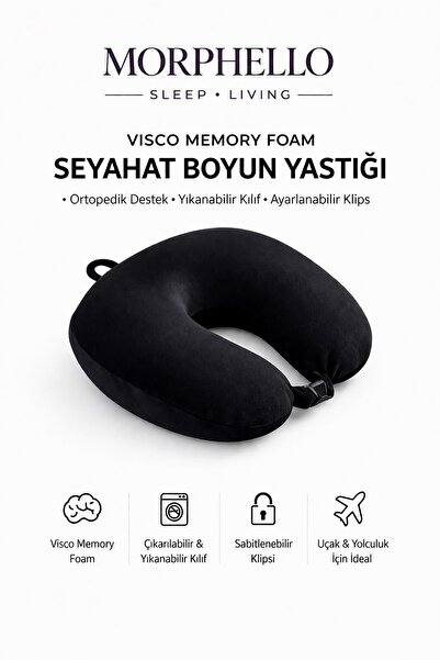 MORPHELLO Visco Memory Foam Seyahat Boyun Yastığı Ortopedik Destekli Yıkanabi...