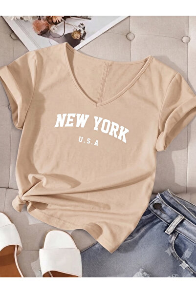 BW Bravely Wear Γυναικείο μπλουζάκι με λαιμόκοψη V NEWYORK USA με στάμπα κανο...