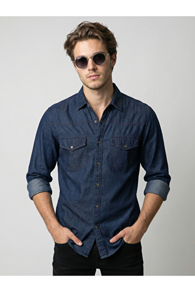 SNX By Styli Men Blue Long Sleeve Denim Shirt