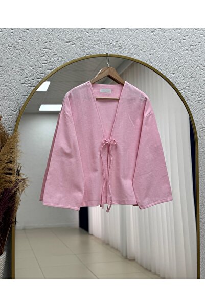 Holehola Kimono cu mâneci largi și legături în față, model Çayır Önü-Zİ2206 Roz