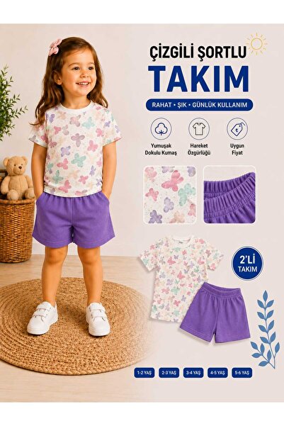 Kinlee Kız Çocuk Kelebek Desenli Şortlu Takım Yazlık 2’li Pamuklu Rahat Günlü...