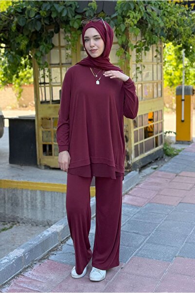 Moda Rosa 26Y6672 - BORDO - TÜL DETAYLI TUNİKLİ TAKIM